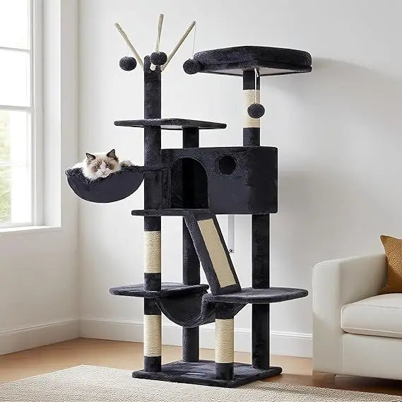 Hey-brother Cat Tree, 53 inch Cat Tower for Indoor Cats, Cat House with Padded Platform Bed, Toy Balls, Large Cozy Condo, Hammoc