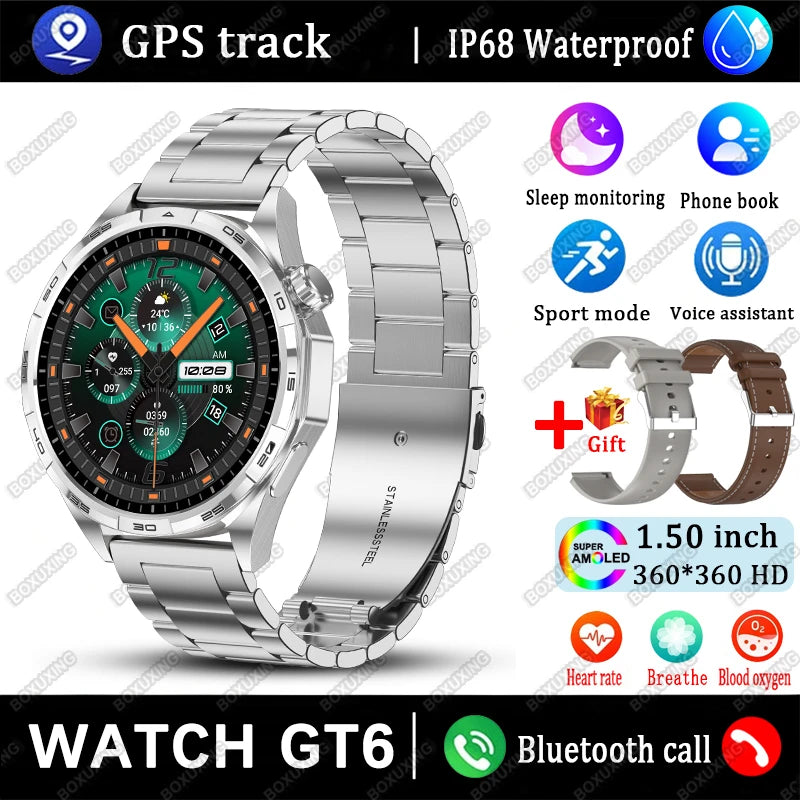 New Watch GT6 Smart Watch Men HD AMOLED Screen Always Show Time GPS Track Heart Rate Bluetooth Call Waterproof Sports Smartwatch