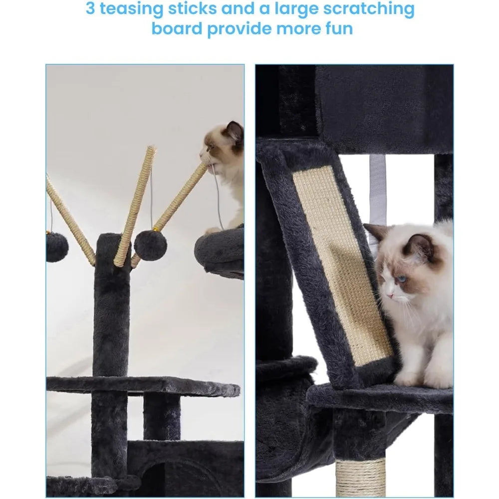 Hey-brother Cat Tree, 53 inch Cat Tower for Indoor Cats, Cat House with Padded Platform Bed, Toy Balls, Large Cozy Condo, Hammoc