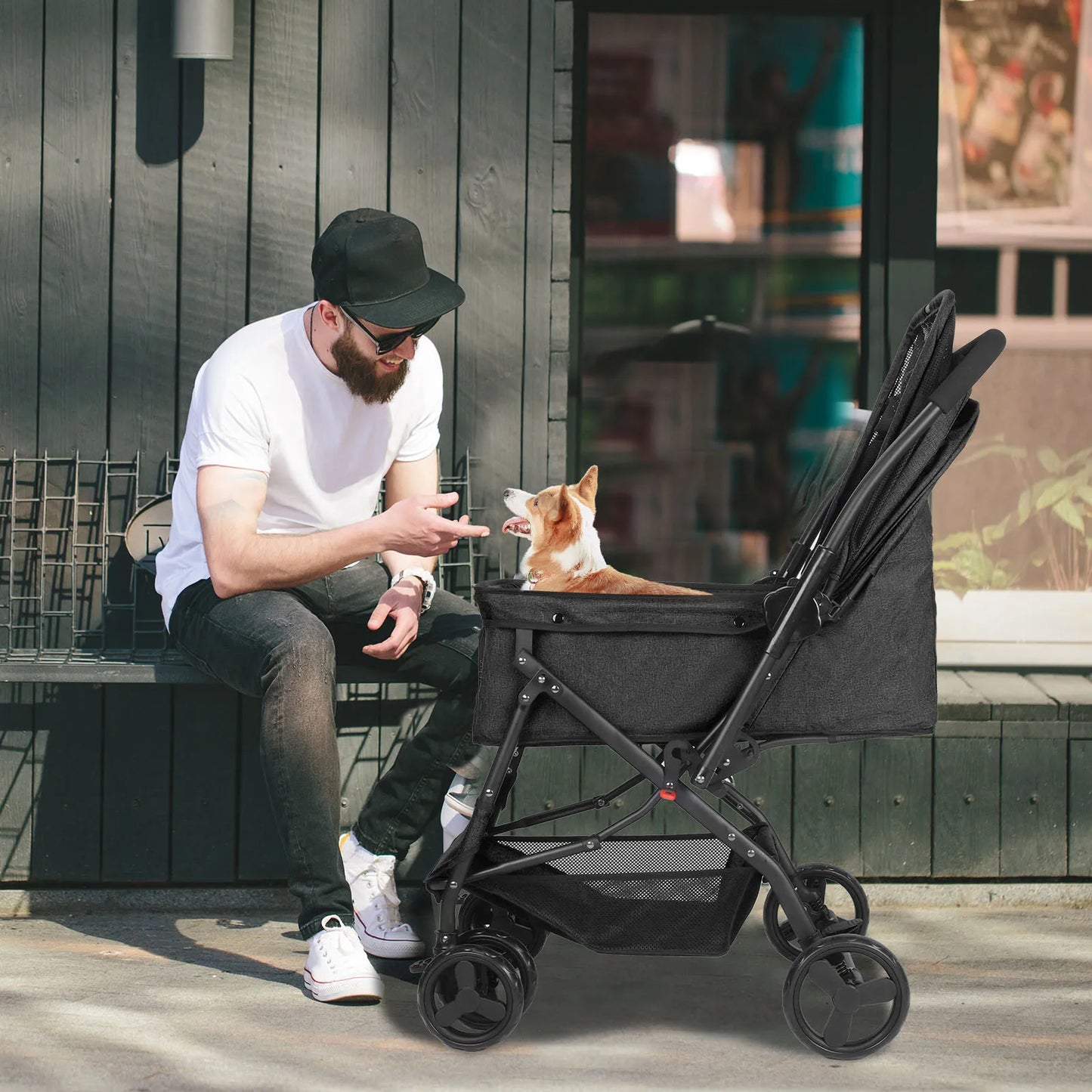 Dog Stroller, Pet Stroller for Medium Dogs Cats, with Dog Poop Bags, Reversible Handlebar, Tethers, Storage Basket and Pouch