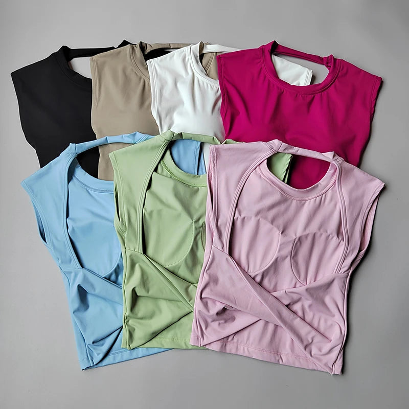 Yoga Short-sleeved Women's Fixed Chest Pad Running Gym Sexy Backless Short Training Sports T-shirt Waist Slimming Fitness Vest