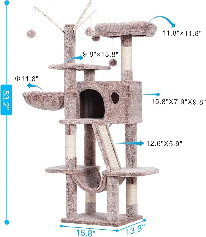 Hey-brother Cat Tree, 53 inch Cat Tower for Indoor Cats, Cat House with Padded Platform Bed, Toy Balls, Large Cozy Condo, Hammoc