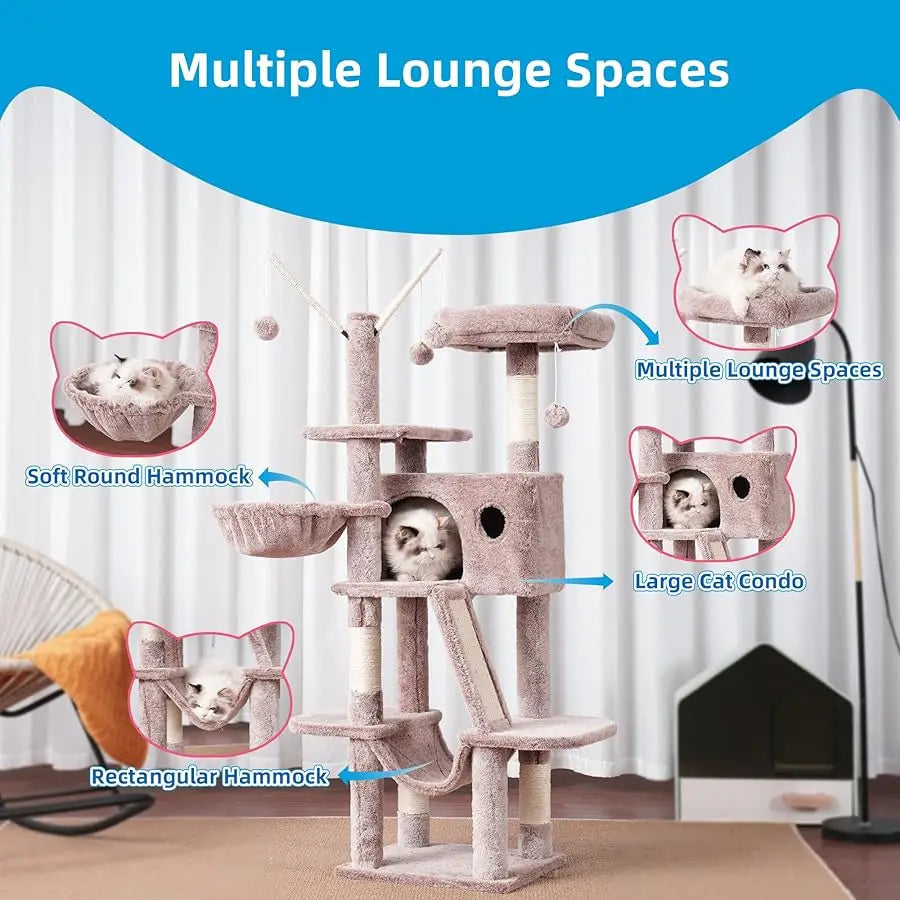 Hey-brother Cat Tree, 53 inch Cat Tower for Indoor Cats, Cat House with Padded Platform Bed, Toy Balls, Large Cozy Condo, Hammoc
