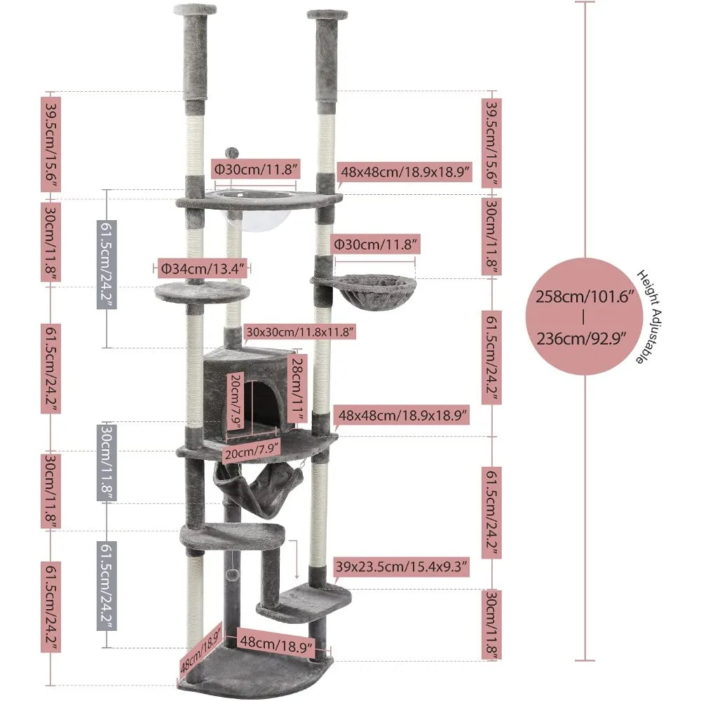 Floor to Ceiling Cat Tree 92.9’’-101.6’’ Height Adjustable Cat Tower Tall Kitty Climbing Play House with Scratching Posts