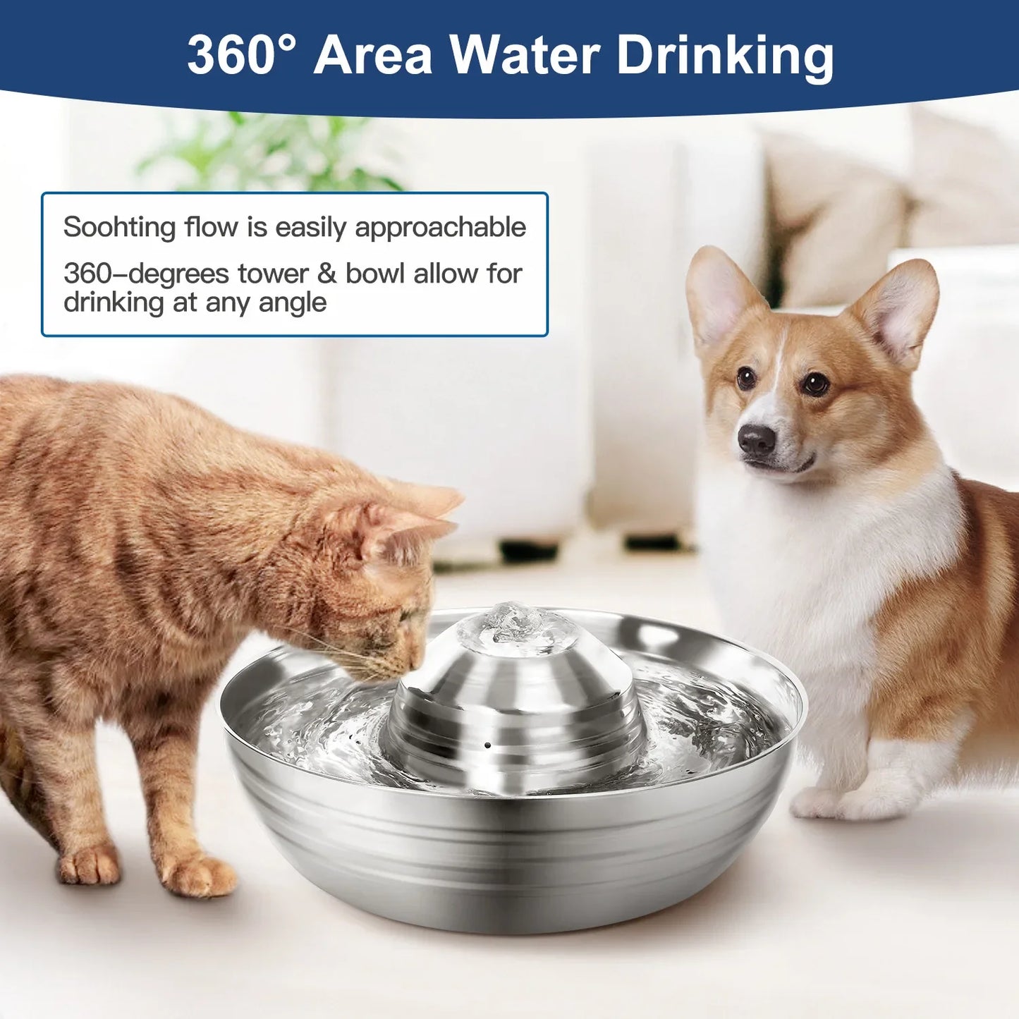 Dog Cat Water Fountain Stainless Steel Pet Drinking Fountain for Cats Small Dogs 2L Ultra-Quiet Automatic Fountains Dog Drinker