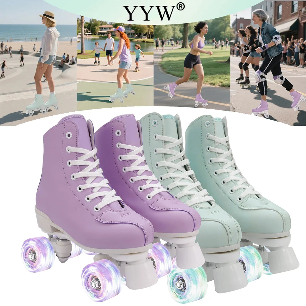 Flashing Double-Row Roller Skates For Women Men Outdoor Skating Beginner Kids 4 Wheels Skate Shoes Boys Girls Quad Sneakers Gift