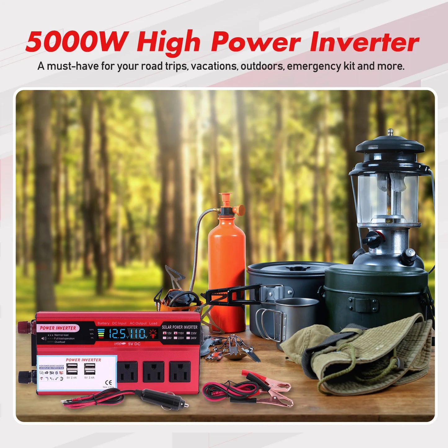 5000W Car Converter Power Inverter DC 12V To AC 110V Converter LCD 4 USB Ports and 110V AC Outlet Cigarette Lighter Battery