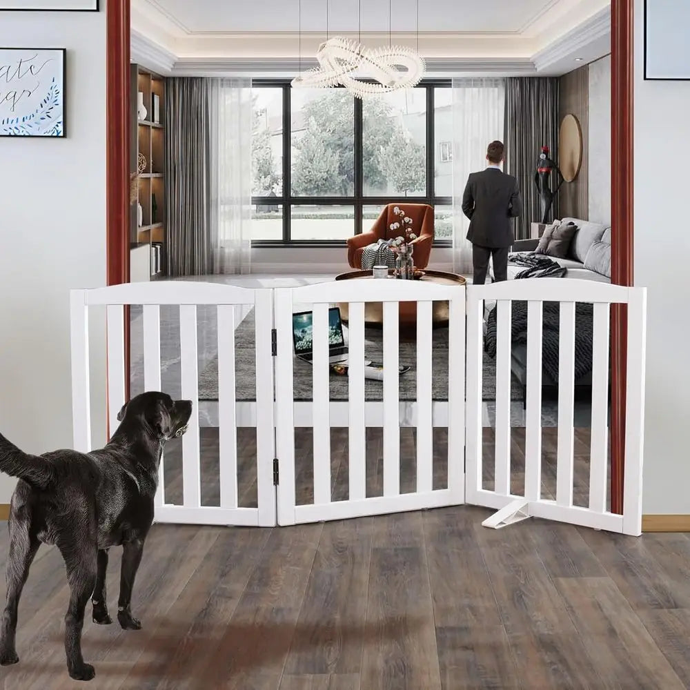 Foldable Freestanding Indoor Dog Gate for House Wood White Long Pet Gates Dog Fence for Stairs Puppy Gates for Hallways,Pet Fenc
