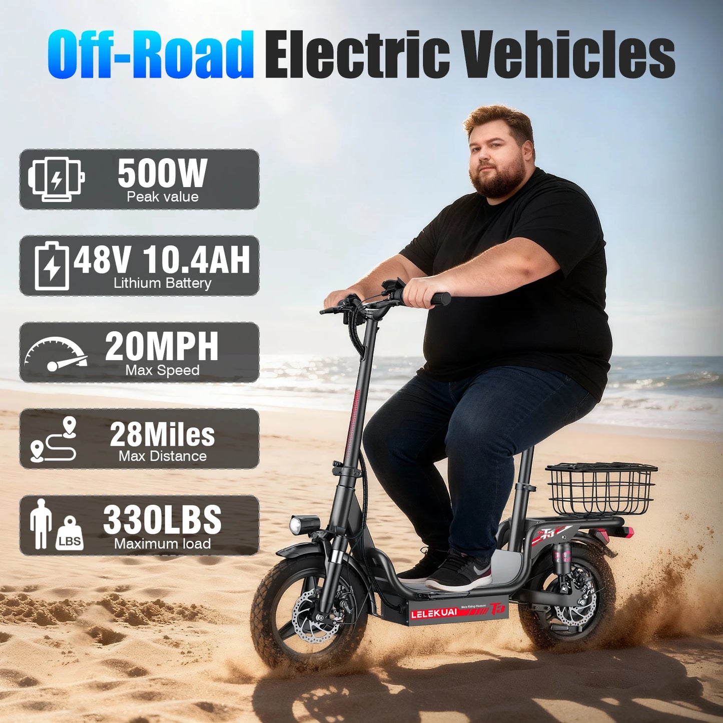 14-inch adult folding electric scooter 48V10.4Ah, 500W peak motor, 20MPH maximum load 330LBS, 28 miles of range full suspension