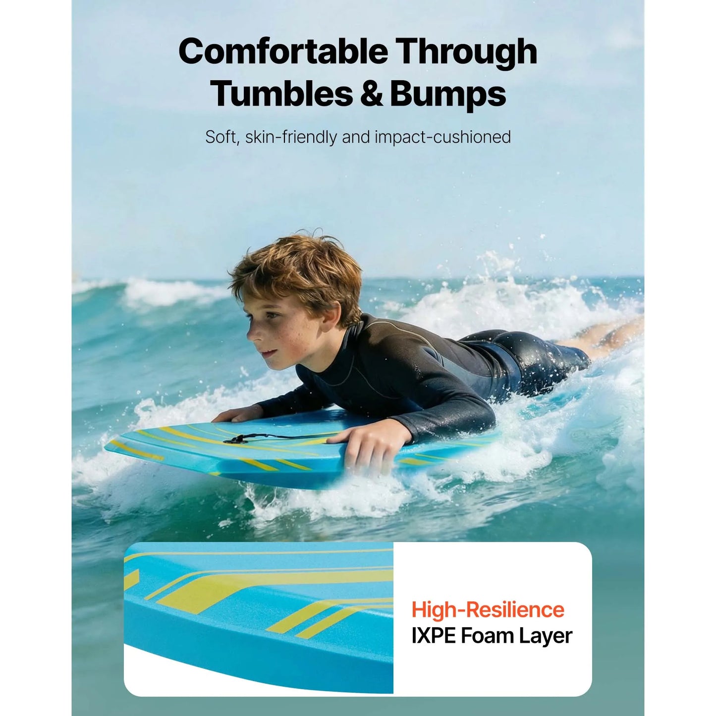 SucceBuy 42-Inch Bodyboard Body Board Trainer with EPS Foam Core & Wrist Leash UV-Resistant for Beginners Youth Up to 180 lbs