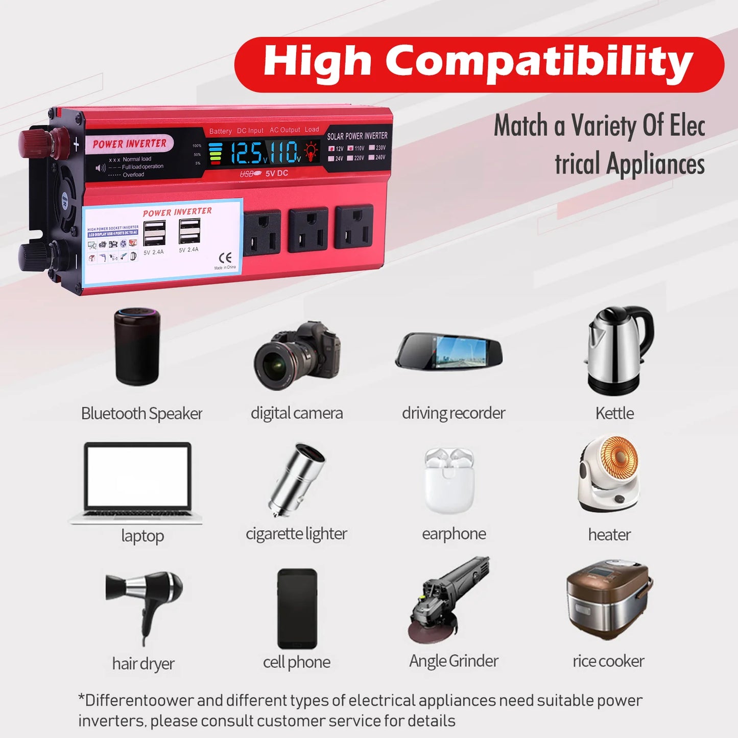 5000W Car Converter Power Inverter DC 12V To AC 110V Converter LCD 4 USB Ports and 110V AC Outlet Cigarette Lighter Battery