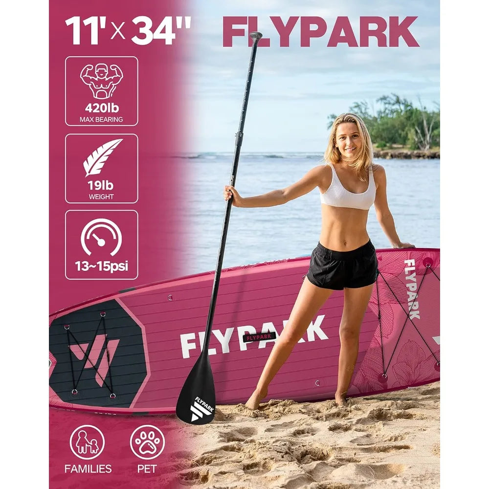 11'x34 Inflatable Paddle Boards, Extra Wide SUP for 420lbs/3Adults, Yoga Stand Up Paddle Board, 110L Backpack