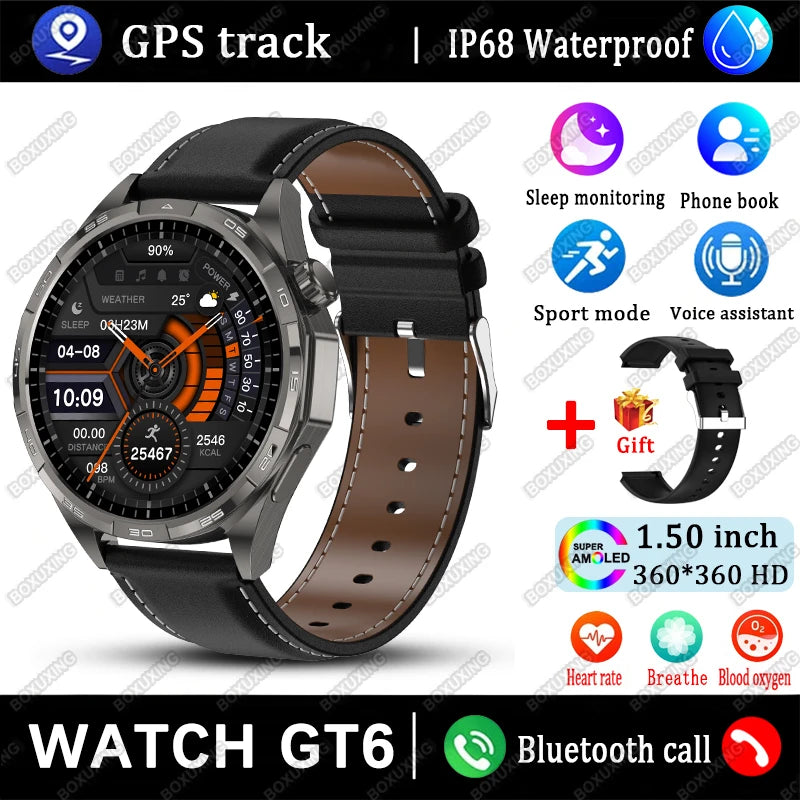 New Watch GT6 Smart Watch Men HD AMOLED Screen Always Show Time GPS Track Heart Rate Bluetooth Call Waterproof Sports Smartwatch