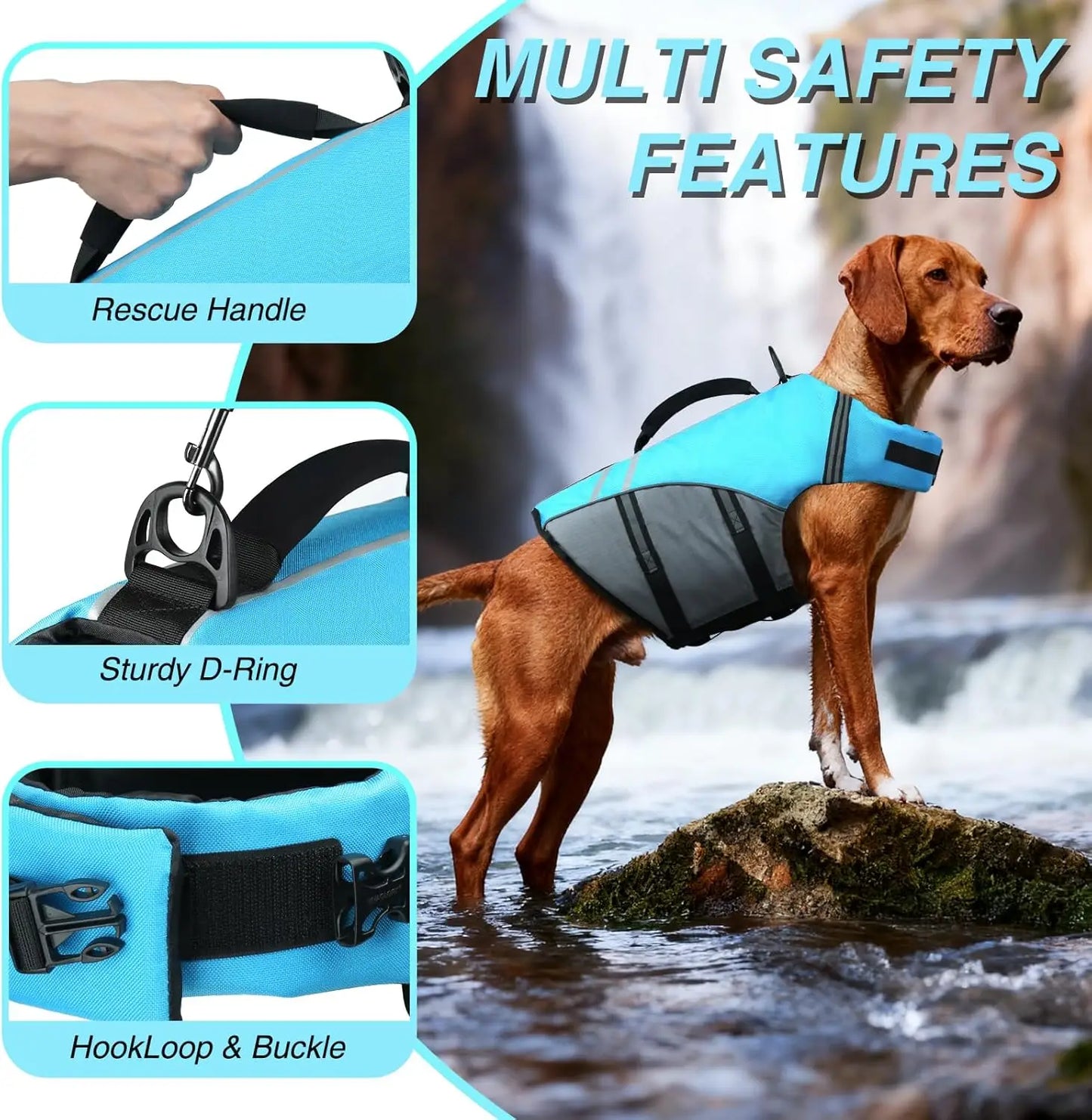 Sports Dog Life Vest with Handle, Ripstop Buoyancy Jacket for Swimming & Boating, Adjustable Fit in Blue