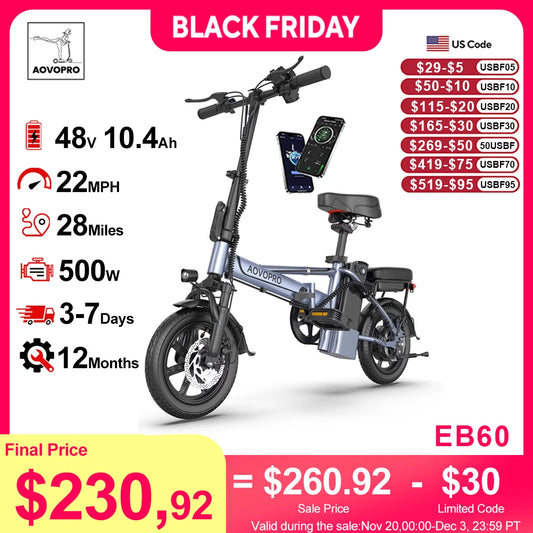 AOVOPRO 14inch EB60 Foldable Ebike 500W 48V 10.4AH Electric Bicycle 22MPH 28Miles Long Range with Two Seats for Adult