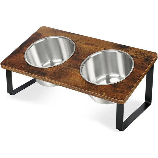 Elevated Dog Bowls for Small and Medium Dogs: Wooden Raised Bowl Stand with Two Stainless Steel Deep Food and Water Dishes Anti