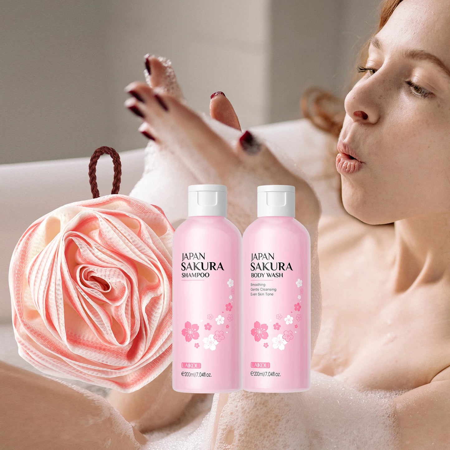 LAIKOU Japan Sakura Body Wash+Shampoo Set Deep Cleanse Nourish Hydrate Skin&Hair 200ml