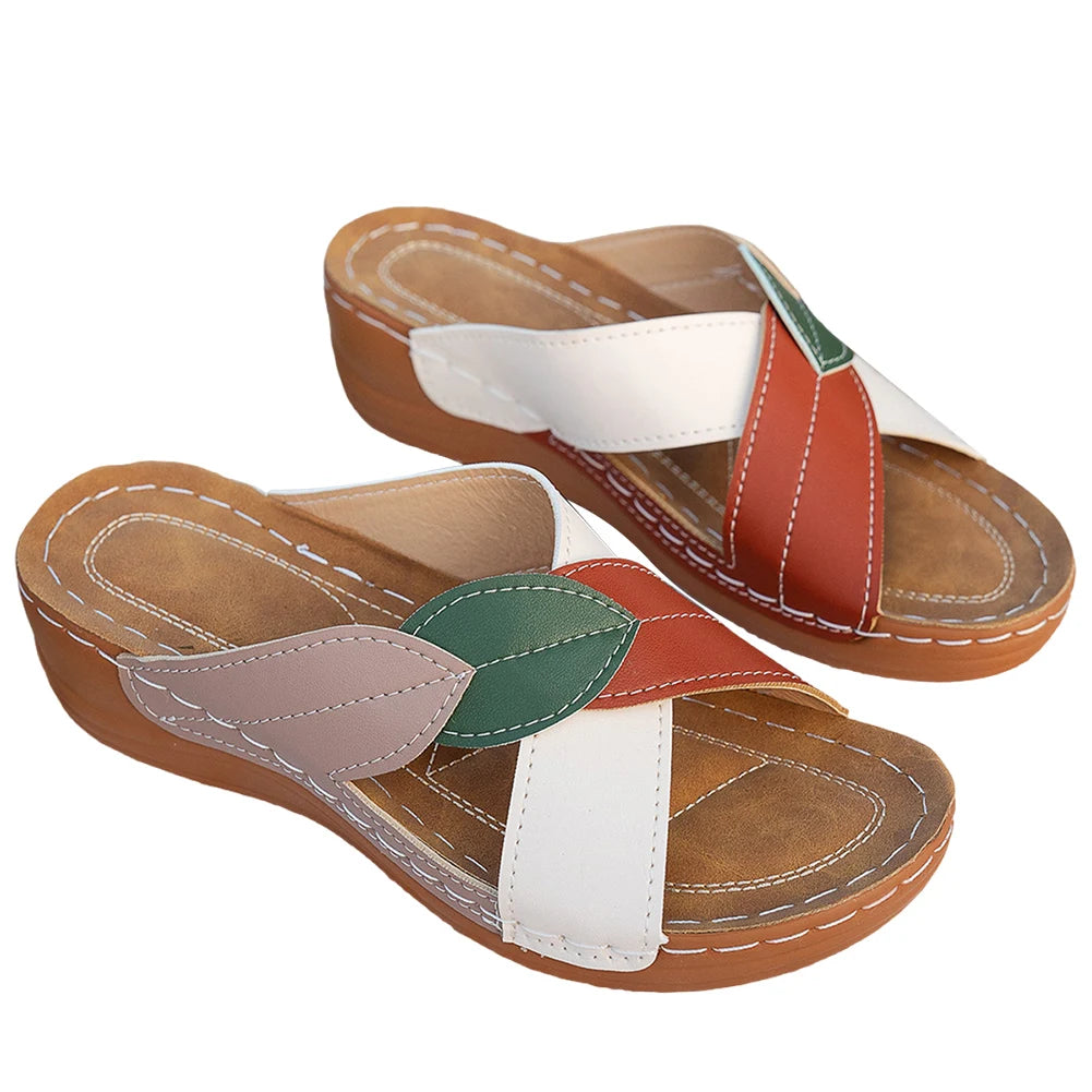 Ladies Wedge Sandals Comfortable Wedge Slides Breathable Slip On Footwear Platform Cross Strap Slippers for Outdoor Travel