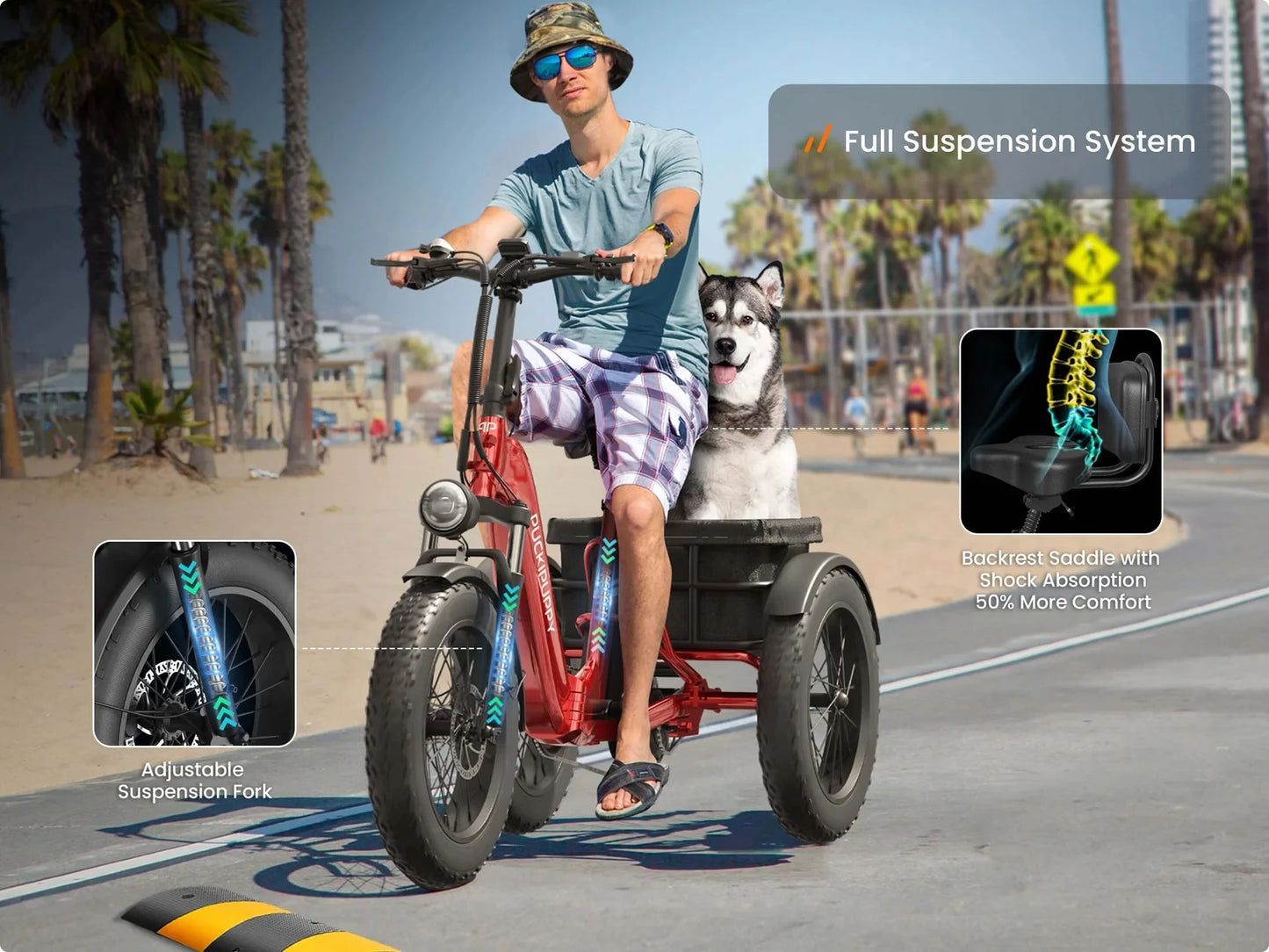 PUCKIPUPPY Husky Electric Trike for Adult 960W Peak Motor 60 Miles Range Tricycle 500 Lbs Load Electric Trike 2-Year Warranty