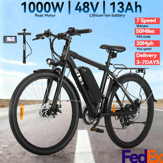 1000W Motor Peak 48V Electric Bike for Adults, 26 inch Electric Mountain Bike with Removable Battery,50Miles Range 20MPH E-bike