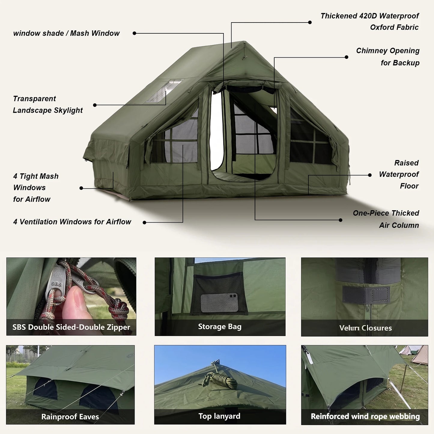 Inflatable Camping Tent with Skylight,Quick Setup Blow Up Tent with hand pump,4 Season Air Tent with Stove Jack&AC Vent