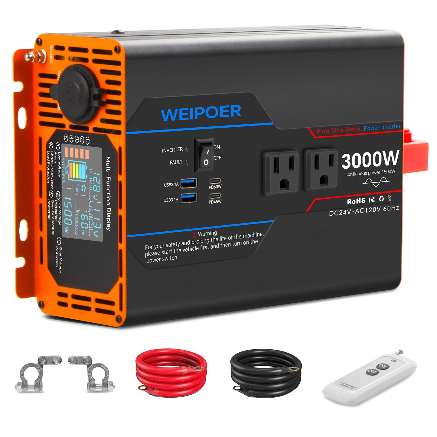 WEIPOER Car Pure Sine Wave Inverter DC 12V/24V to AC 120V 6000W for Car RV – Power Converter with USB, AC Outlets, LCD, Remote