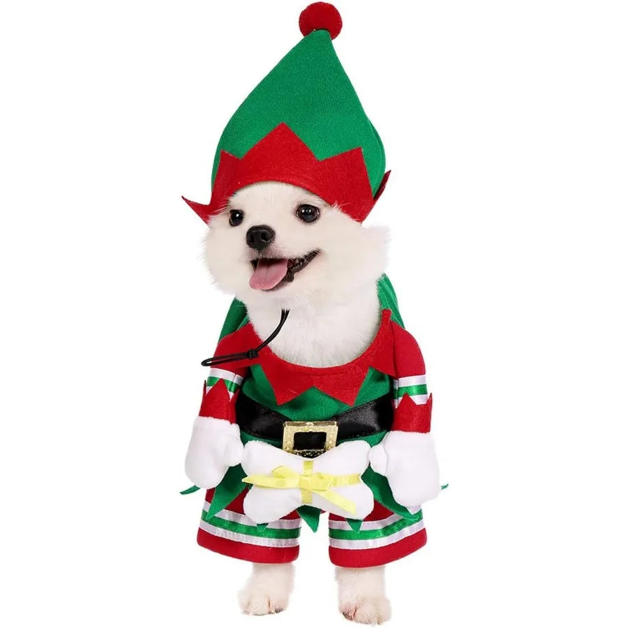 Dog Cat Christmas Elf Costume with Hat Pet Christmas Winter Fleece Coat Clothes Puppy Xmas Outfit Apparel