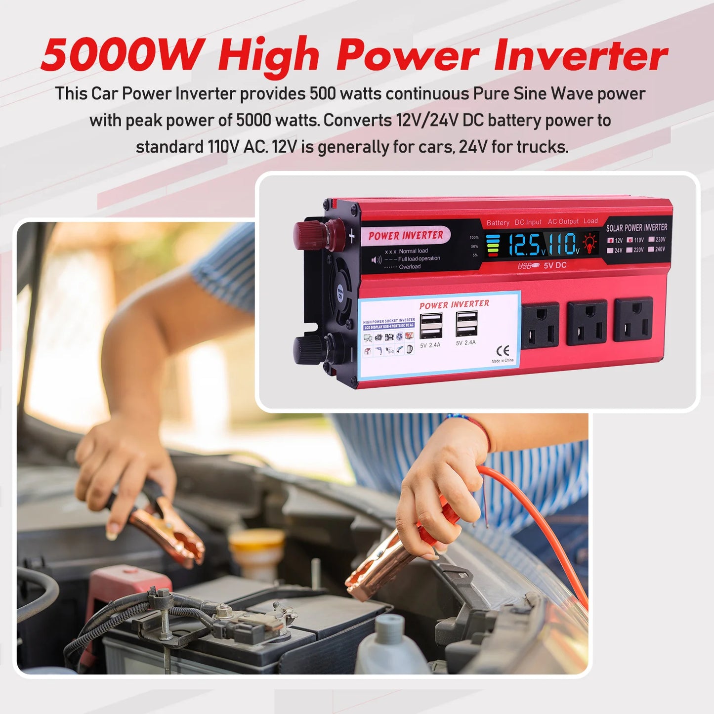 5000W Car Converter Power Inverter DC 12V To AC 110V Converter LCD 4 USB Ports and 110V AC Outlet Cigarette Lighter Battery