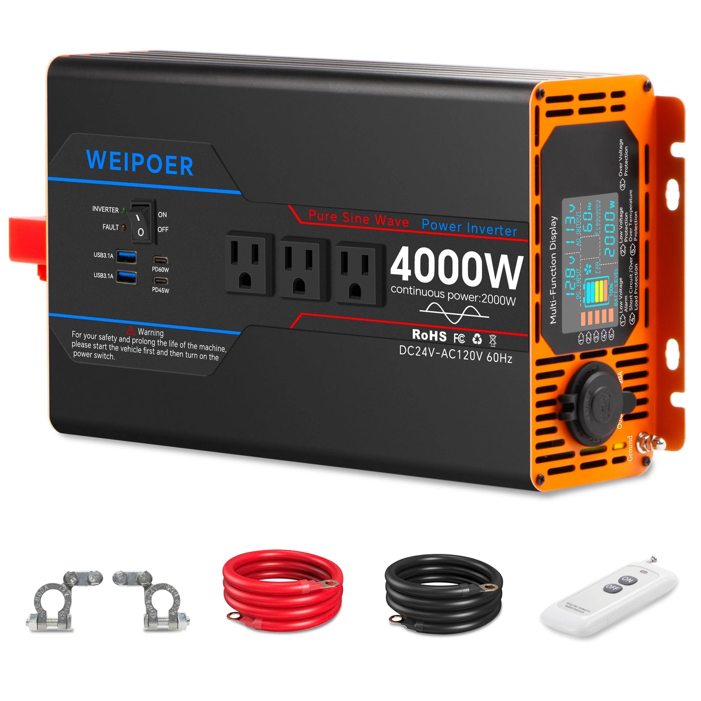 WEIPOER Car Pure Sine Wave Inverter DC 12V/24V to AC 120V 6000W for Car RV – Power Converter with USB, AC Outlets, LCD, Remote
