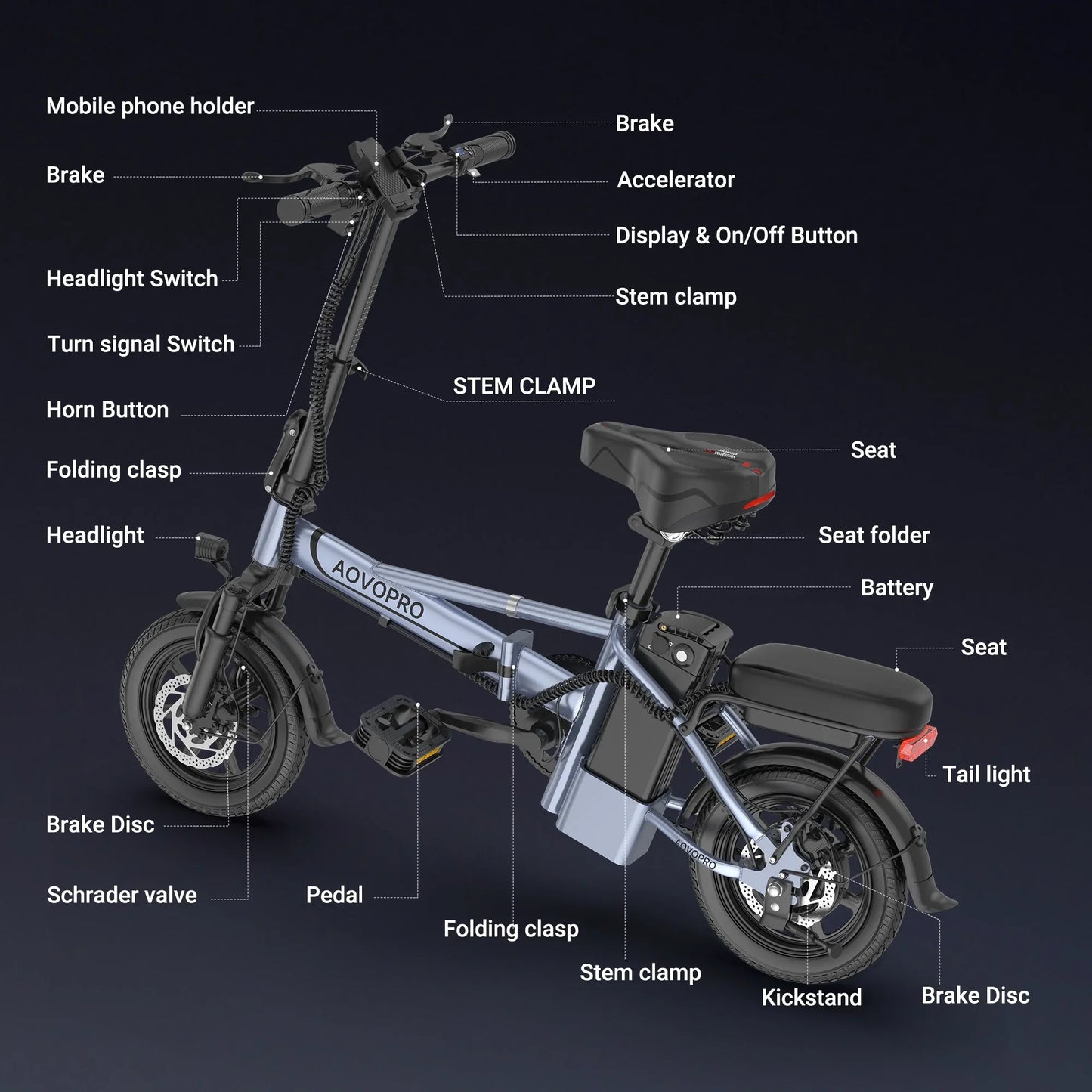 AOVOPRO 14inch EB60 Foldable Ebike 500W 48V 10.4AH Electric Bicycle 22MPH 28Miles Long Range with Two Seats for Adult