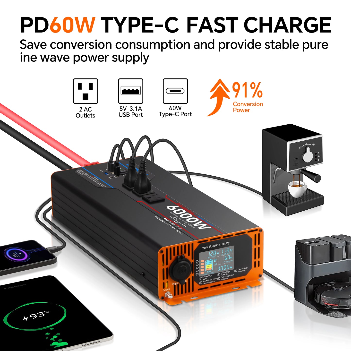 WEIPOER Car Pure Sine Wave Inverter DC 12V/24V to AC 120V 6000W for Car RV – Power Converter with USB, AC Outlets, LCD, Remote