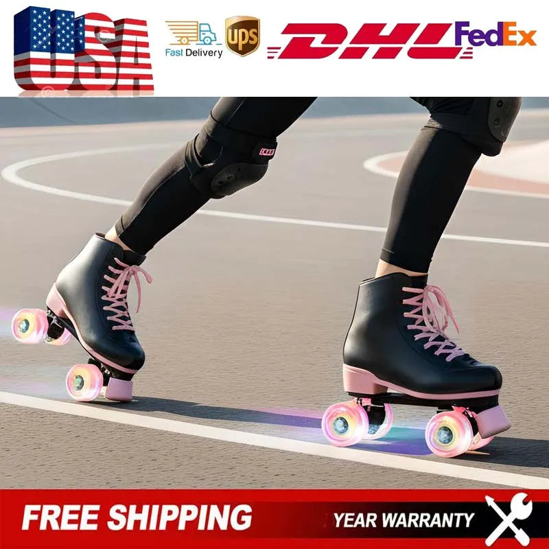 Quad Roller Skates  Adult Women Flashing 4 Wheels Skate Shoes Kids Girls Beginner Outdoor Skating Training Sneakers Size 32-40