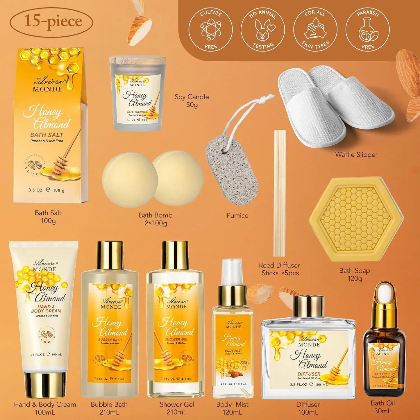 Luxury Honey Almond Spa Gift Set, 15-Piece Bath & Body Kit for Women & Teens, Relaxing Home Spa Experience