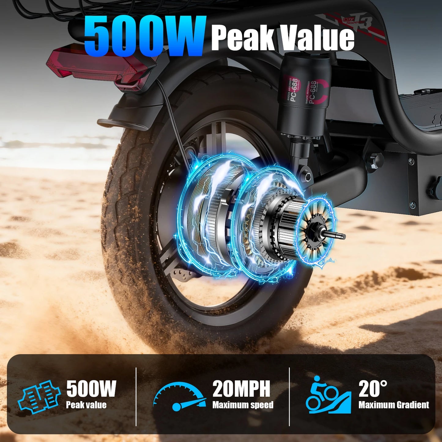 14-inch adult folding electric scooter 48V10.4Ah, 500W peak motor, 20MPH maximum load 330LBS, 28 miles of range full suspension