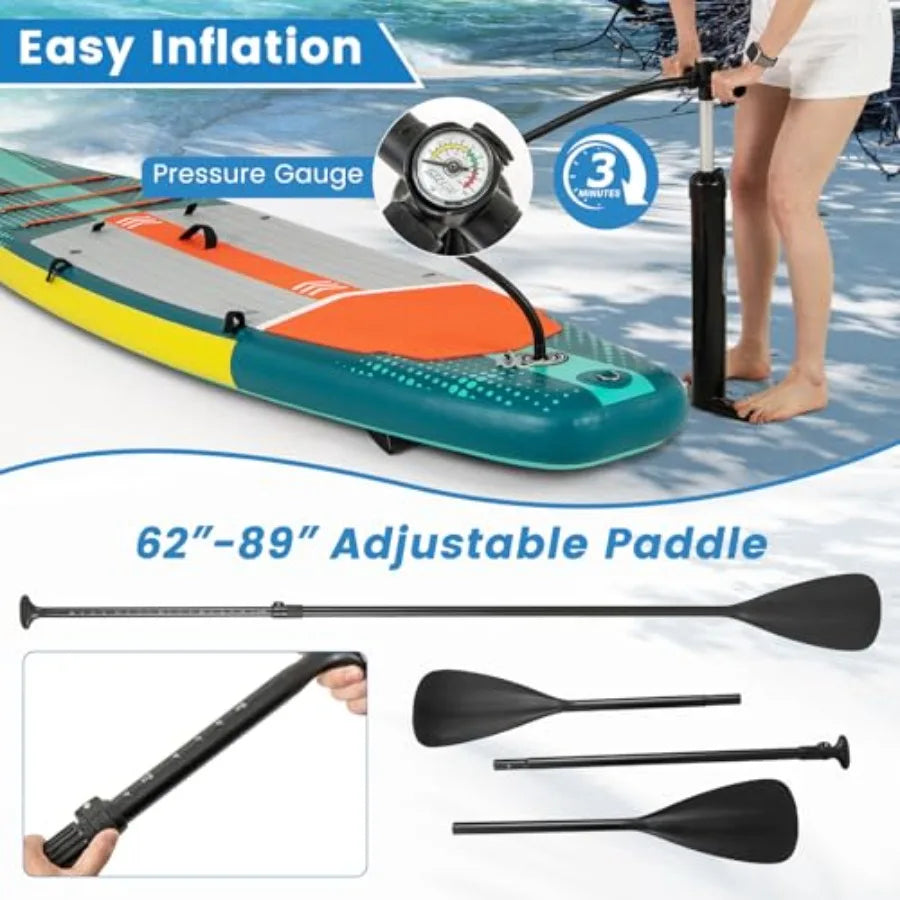 Inflatable SUP Board with Kayak Seat Camera Mount Direction Fin Paddle Carry Backpack Extra Wide for Adults Youth Floating Fish