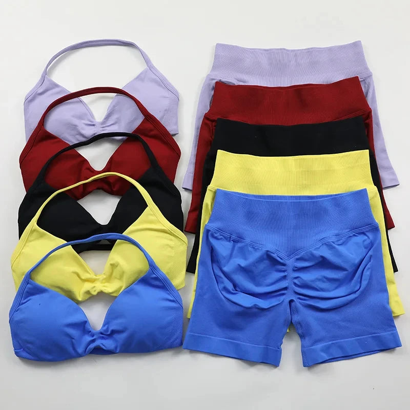 Yoga Strappy Bra Leggings Gym Set Women's Seamless High Elastic Gym Bra Vest Buttock lift Shorts Set Daily Exercise Sports Set