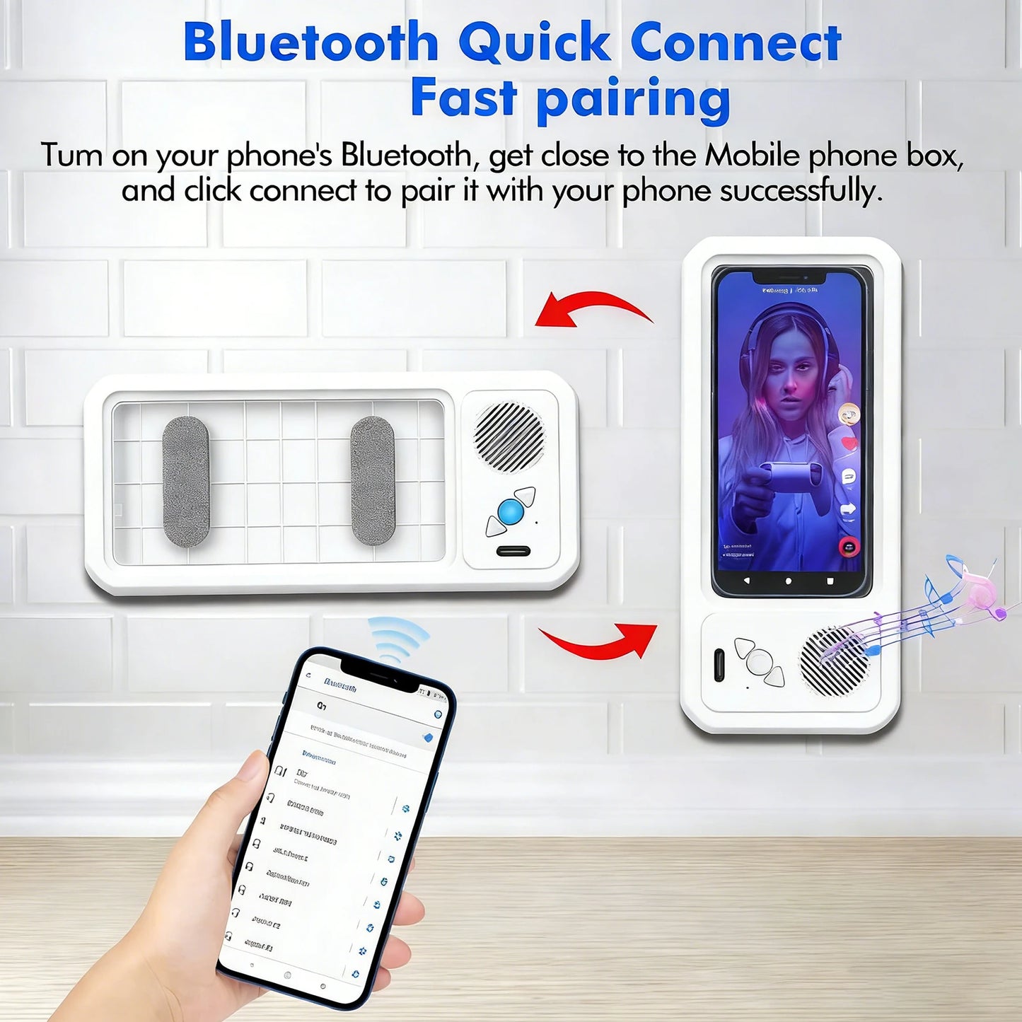 Wall Mounted Phoneholder IPX5 Waterproof Clear Sound & 480° Rotation Shower Case Accessories with Wireless BT Speaker Bathroom