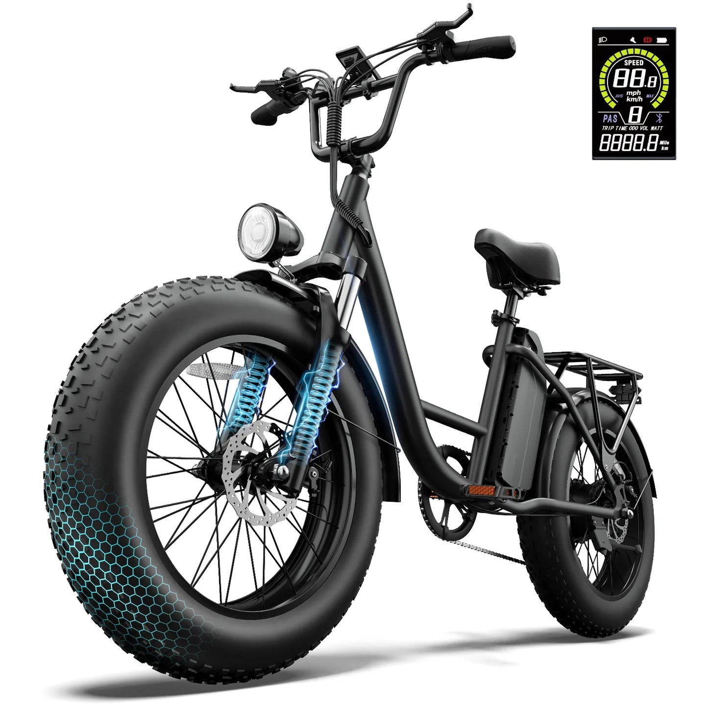 URLIFE E20PRO All-Terrain 20"*4" Fat Tire E-Bike 1500W Motor 48V 15.6Ah Battery 100Mi Range), Color Display & Front Suspension