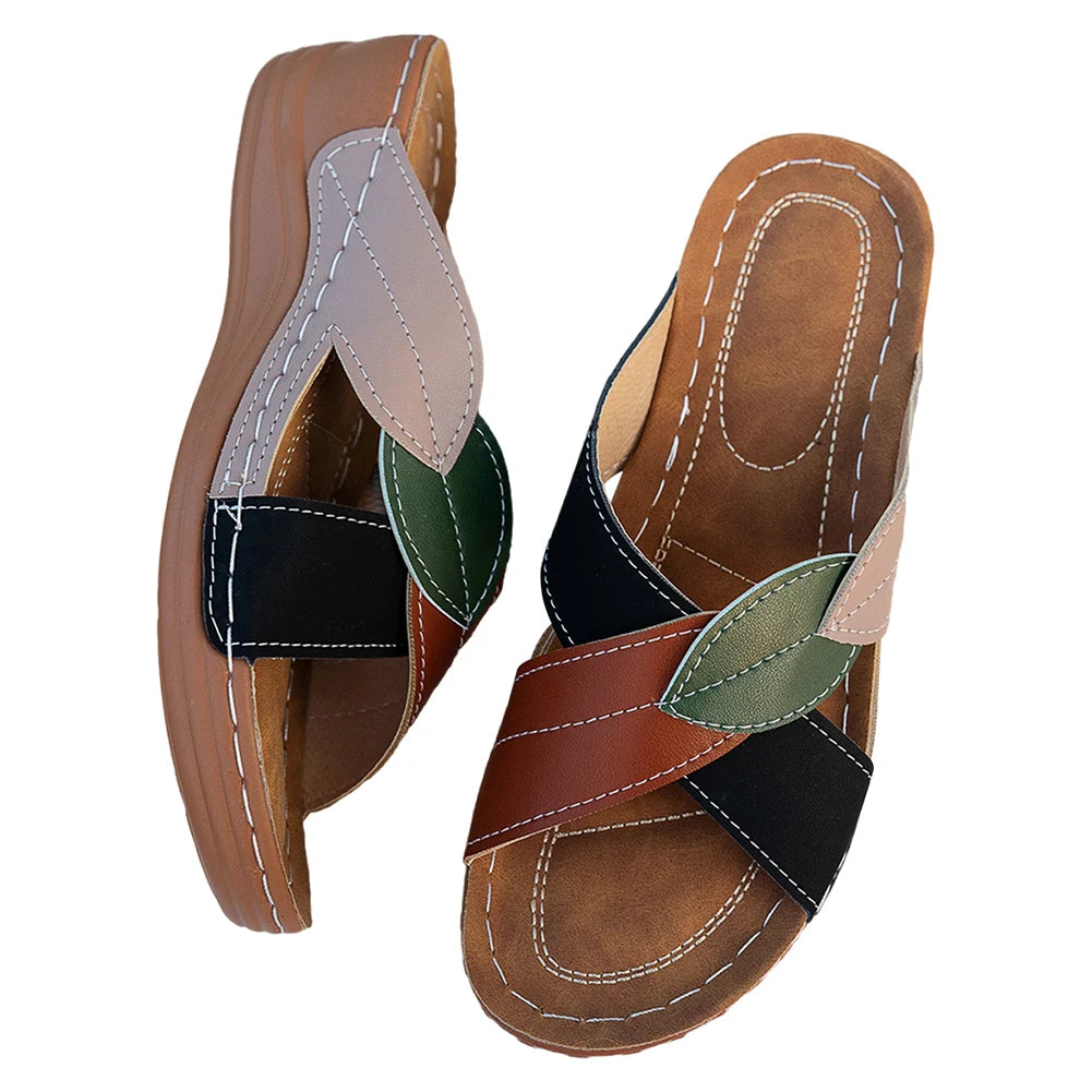 Ladies Wedge Sandals Comfortable Wedge Slides Breathable Slip On Footwear Platform Cross Strap Slippers for Outdoor Travel