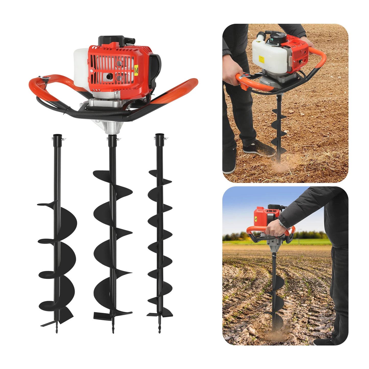 2.3HP Earth Auger Digging Drill Machine Kit Post Hole Digger Hole Digging Machine with 3 Drill Bits for Planting Gardening