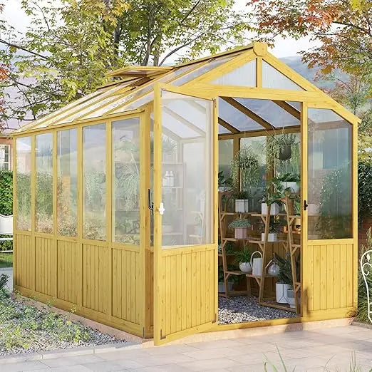 6x8x6.5 ft wooden greenhouse, pre-assembled solid cedar frame, walk-in design, lockable door, adjustable roof vents, polycarbon
