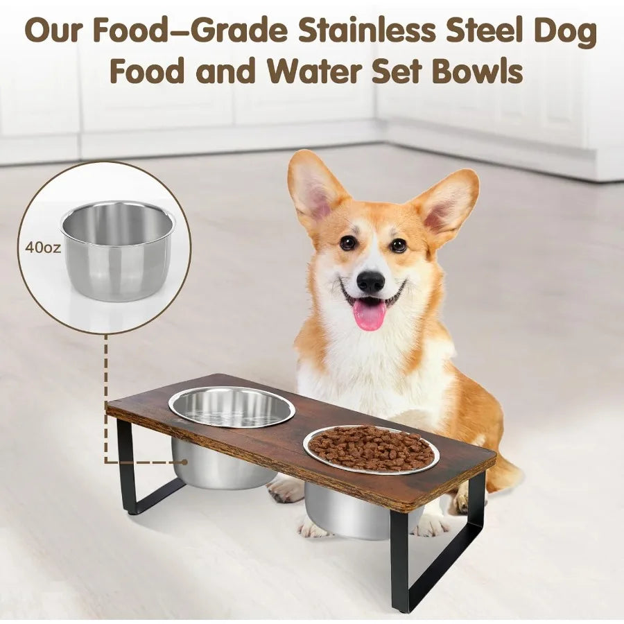 Elevated Dog Bowls for Small and Medium Dogs: Wooden Raised Bowl Stand with Two Stainless Steel Deep Food and Water Dishes Anti