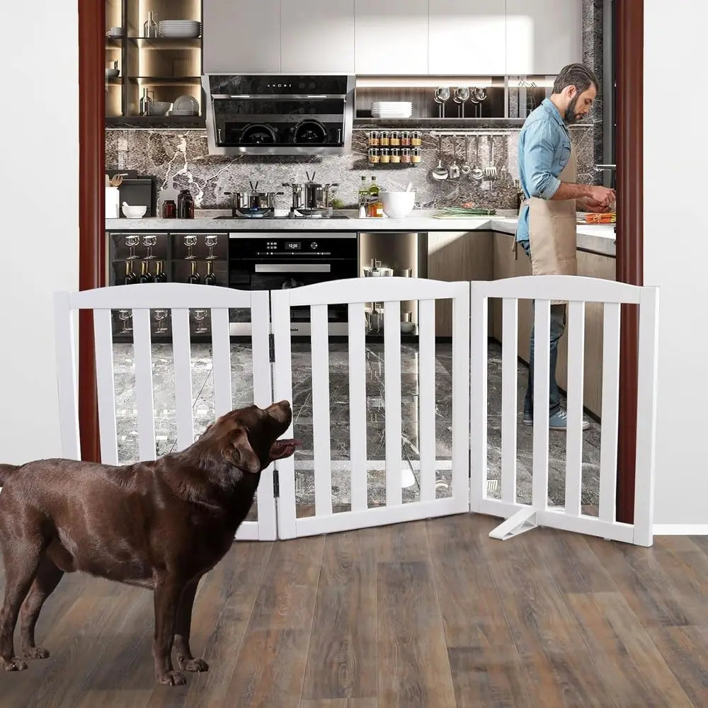 Foldable Freestanding Indoor Dog Gate for House Wood White Long Pet Gates Dog Fence for Stairs Puppy Gates for Hallways,Pet Fenc