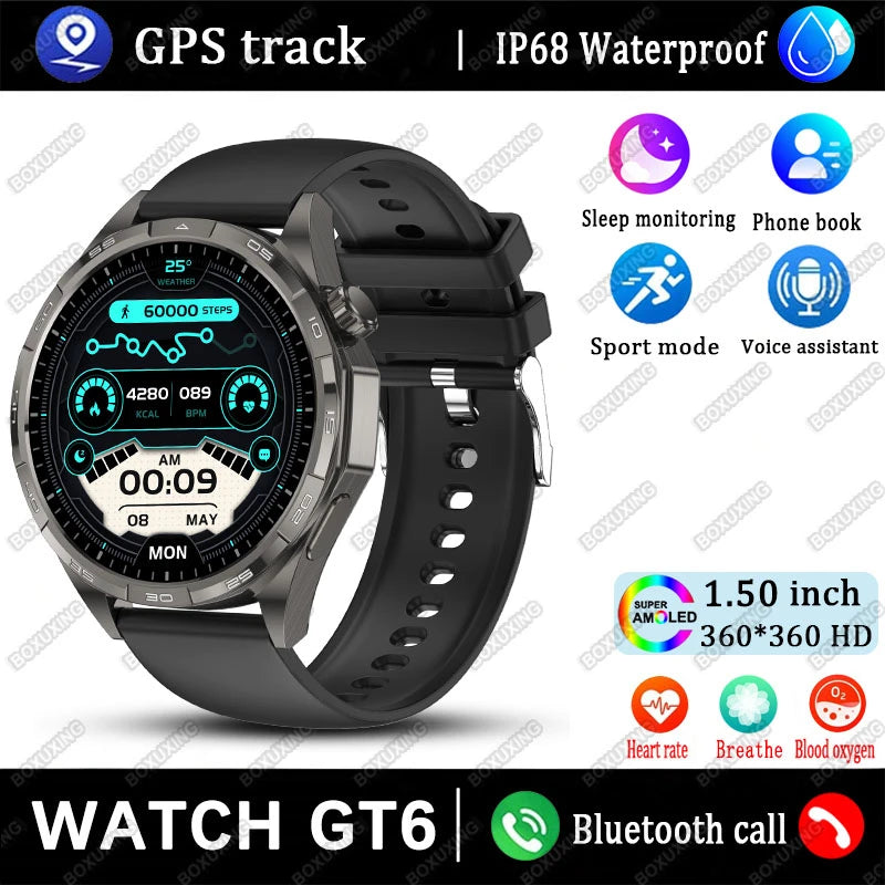 New Watch GT6 Smart Watch Men HD AMOLED Screen Always Show Time GPS Track Heart Rate Bluetooth Call Waterproof Sports Smartwatch