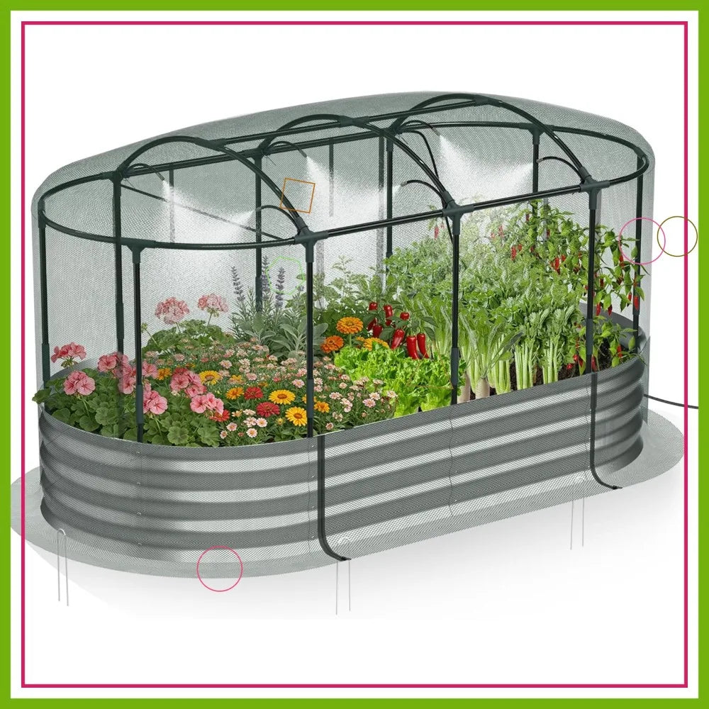 Self-Watering Raised Garden Bed 6x3x1 ft Galvanized Planter Box with Mesh Cover