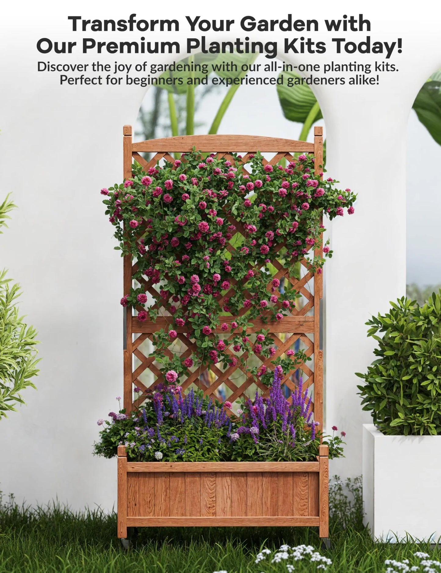 29.5"x 13"x 61.5" Tall Raised Garden Bed with Trellis, Wood Elevated Planter Box with Climbing Trellis, 4 Drainage Holes
