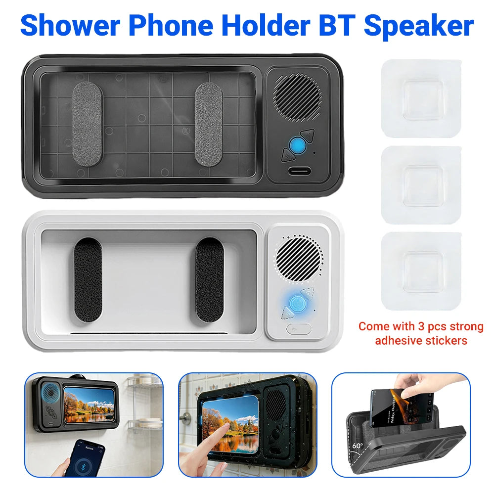 Wall Mounted Phoneholder IPX5 Waterproof Clear Sound & 480° Rotation Shower Case Accessories with Wireless BT Speaker Bathroom