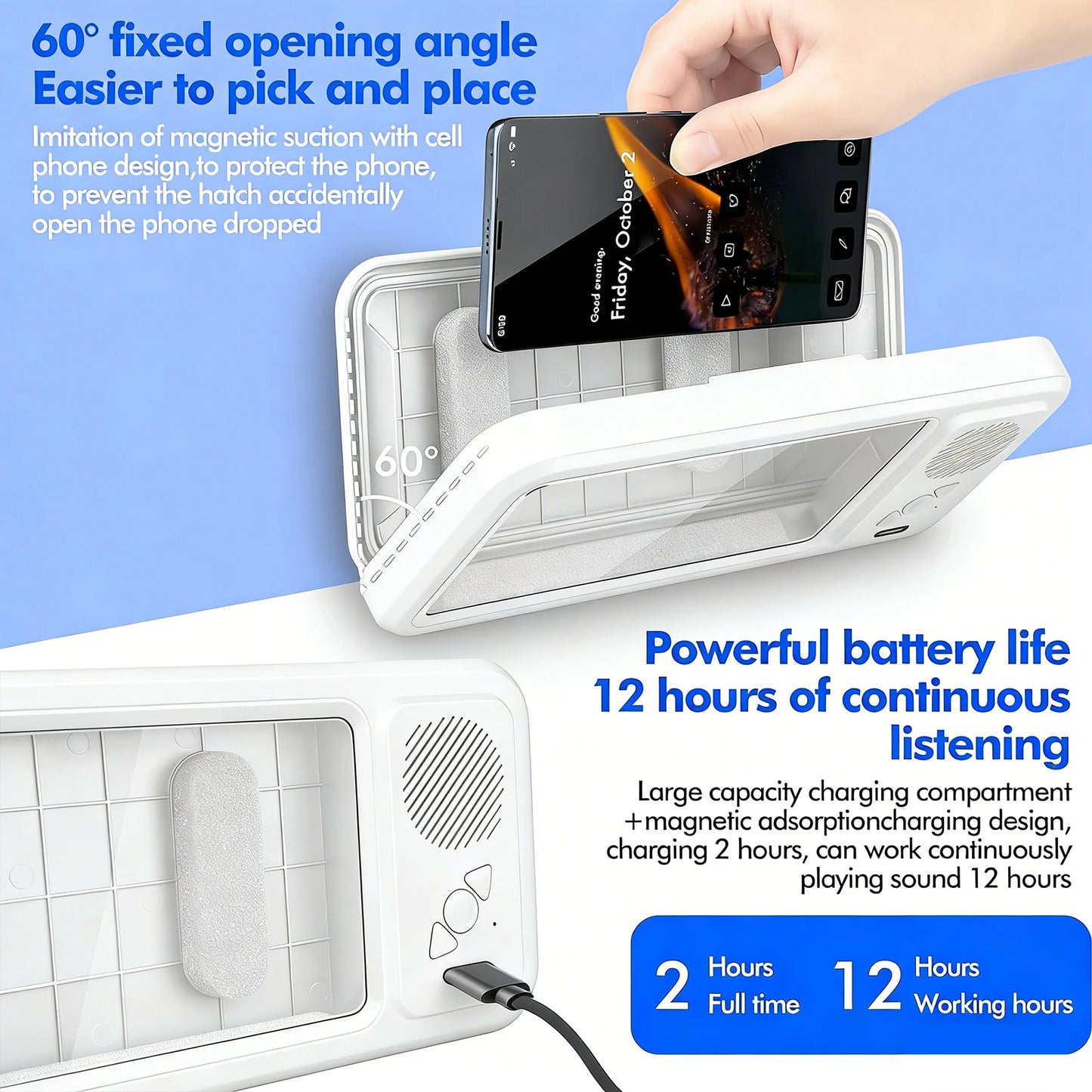 Wall Mounted Phoneholder IPX5 Waterproof Clear Sound & 480° Rotation Shower Case Accessories with Wireless BT Speaker Bathroom