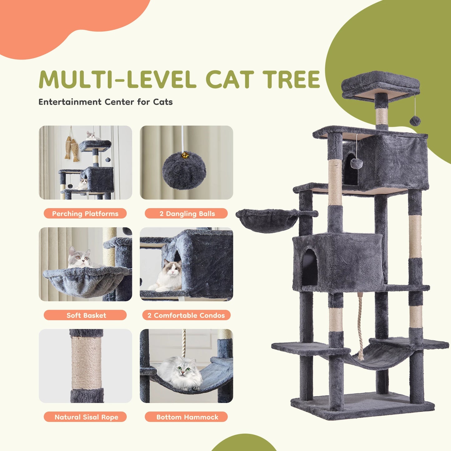 JHK 66 inch Cat Tree Tower Large Multi Level Cat Climbing Tower with Condo Natural Sisal Scratching Posts Pet House for Indoor