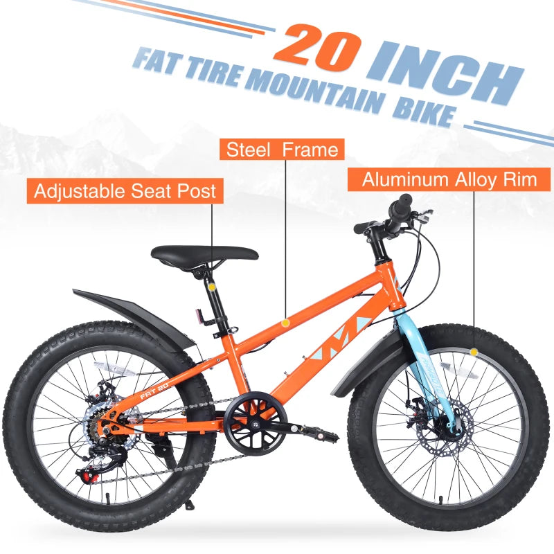 20 Inch Kids  Bicycles  ,  Fat Tire Mountain Bike for Boys and Girls Age 5 + Years ,Dual-Disc Brake,Shimano 7-Speed ,Kids Beach